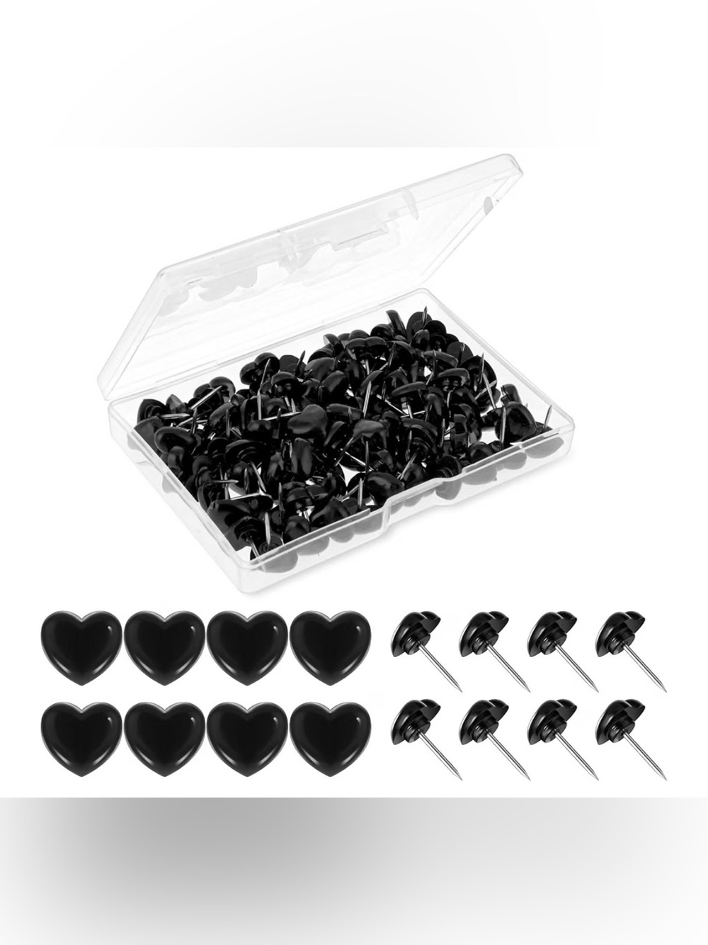 30 Black Heart Shaped Push Pins Thumb Tacks Office School Decor